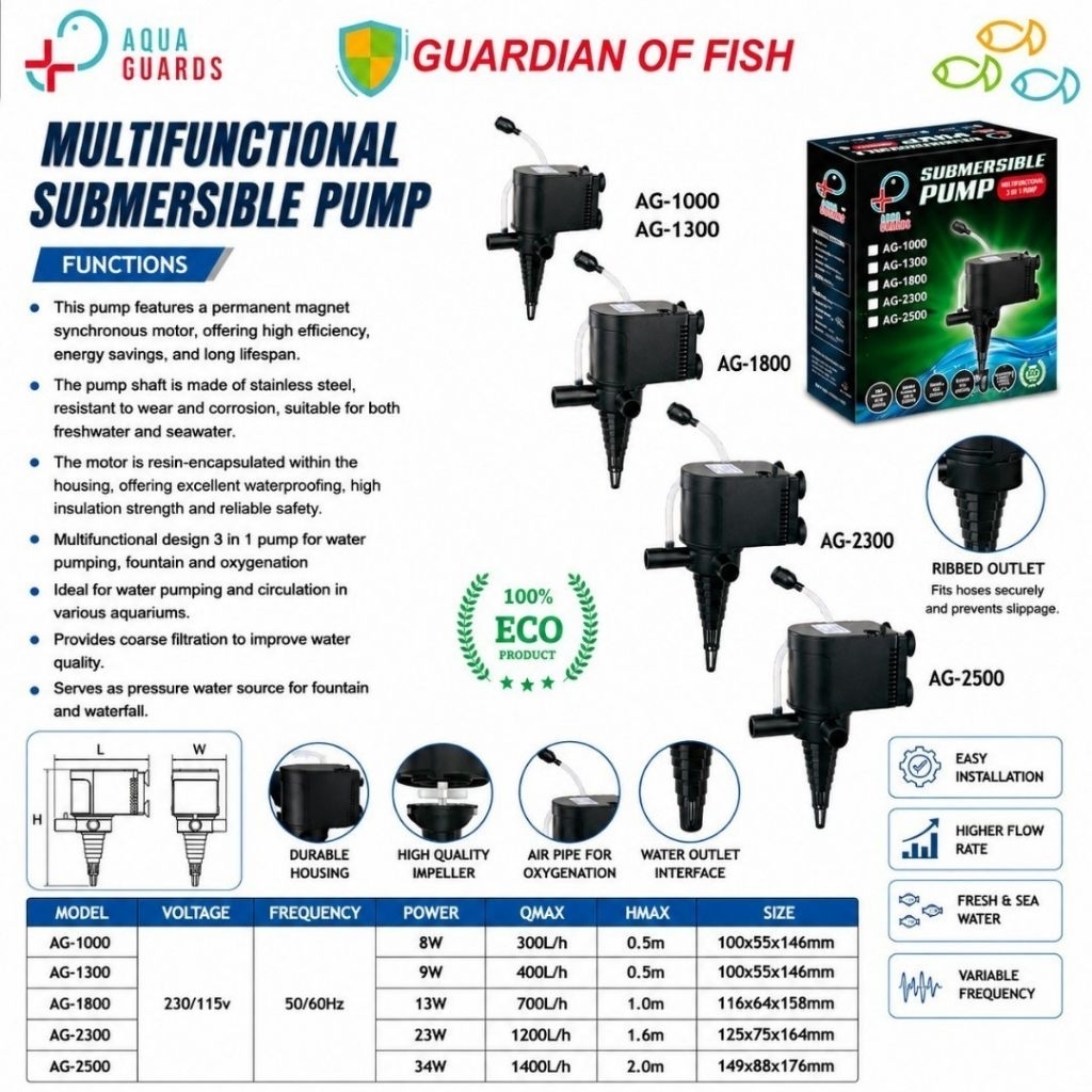 AQUA GUARDS AG Series 3-in-1 Submersible Aquarium ปั๊มน้ํากรองออกซิเจน Fountain ปั๊ม 300-1400L/H