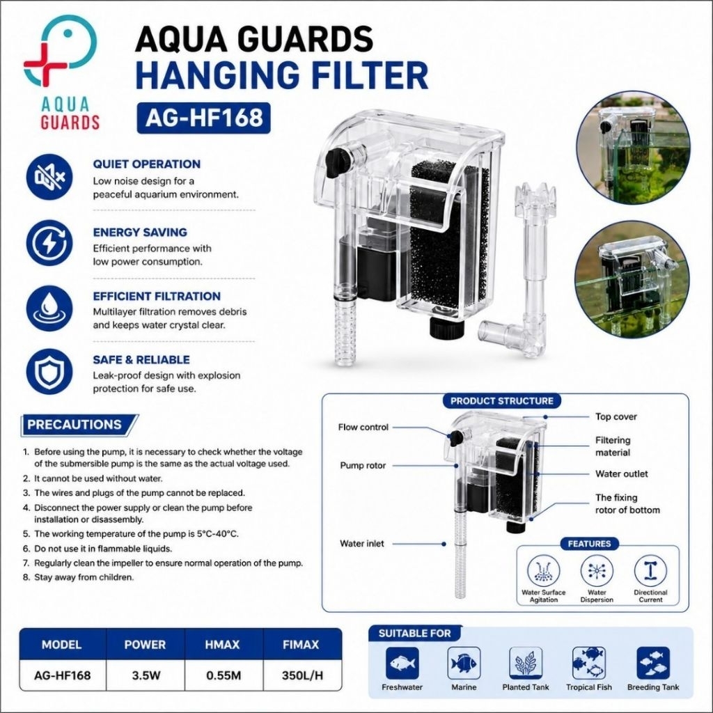 AQUA GUARDS AG-HF168 ตัวกรองตู้ปลาแบบแขวน 3.5W 350L/H ตัวกรองแขวนตู้ปลาประหยัดพลังงานแบบเงียบ