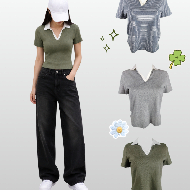 เสื้อยืดคอปกโอเวอร์ไซส์ผู้หญิง IZO สีเขียวทหาร สีเทา และสีน้ําเงินลายทางสีขาว ราคาลดราคา RM49.90 WCT