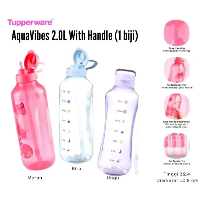 ขวด Tupperware AquaVibe 2L มีหูหิ้ว - ฟรีฟาง มิติ: D 11.0 H 30.9cm ~ติดตามง่ายพร้อมความจุ