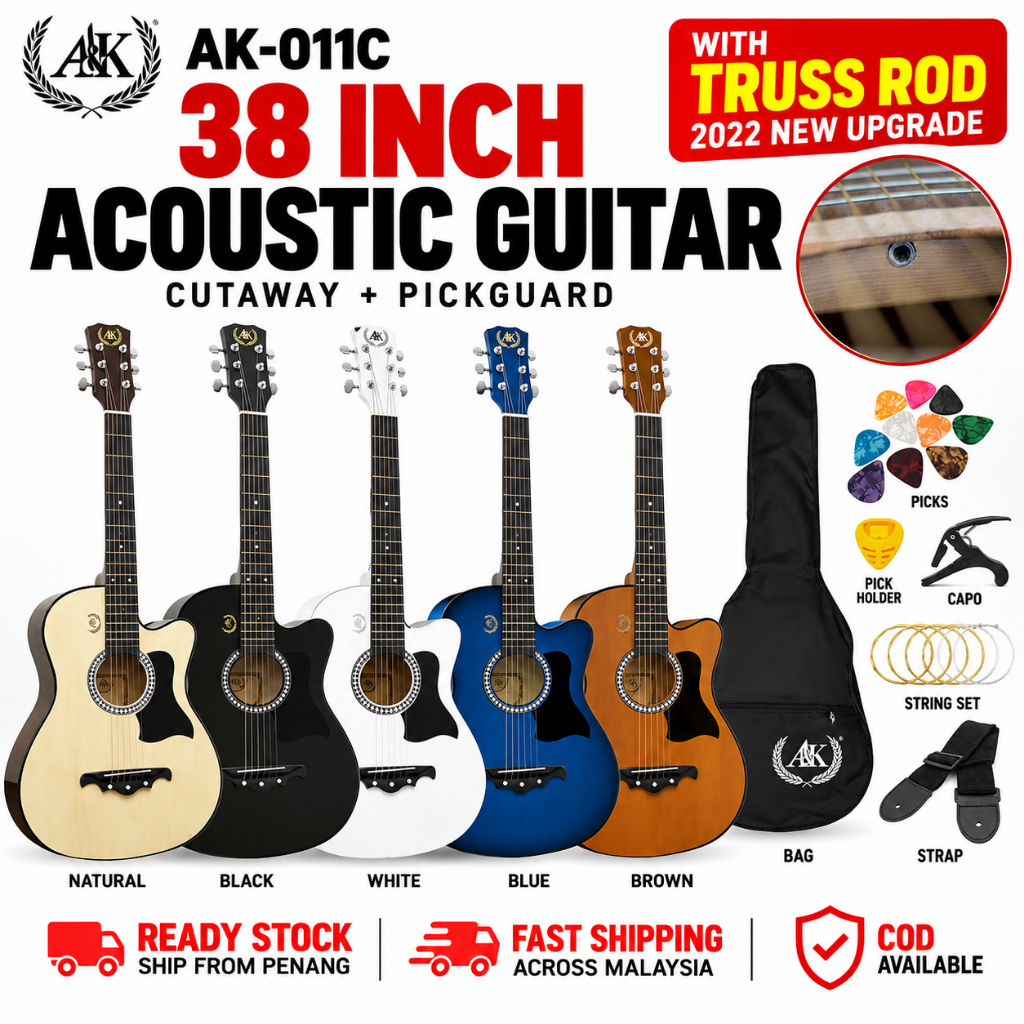 AK Guitar - กีต้าร์โปร่ง 38 นิ้ว AK-011C TRUSS ROD + ชุดอุปกรณ์เสริม Gitar Akustik Gitar