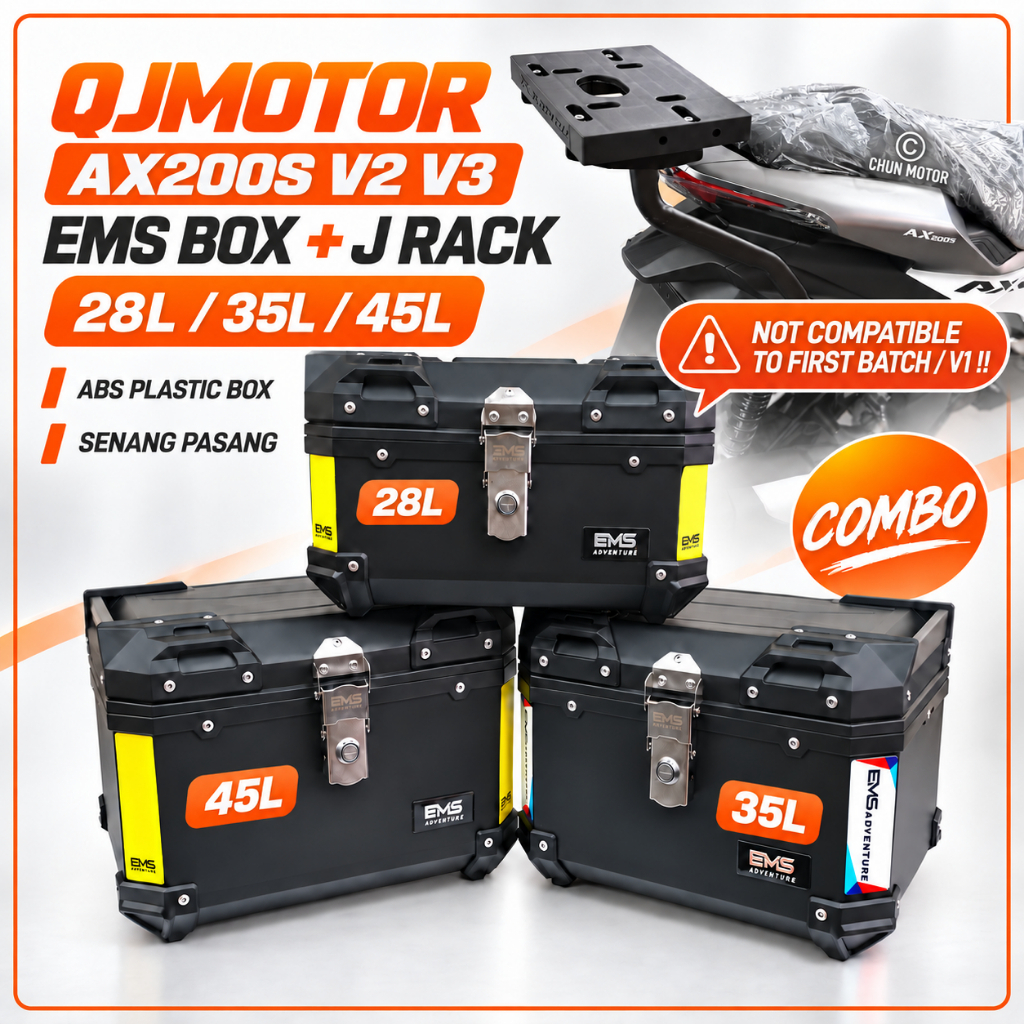 (QJMotor AX200S V2 V3) Combo EMS 28L 35L 45L ABS Top Box Motorcycle+Rapido Heavy Duty J Rack 1 ชุด