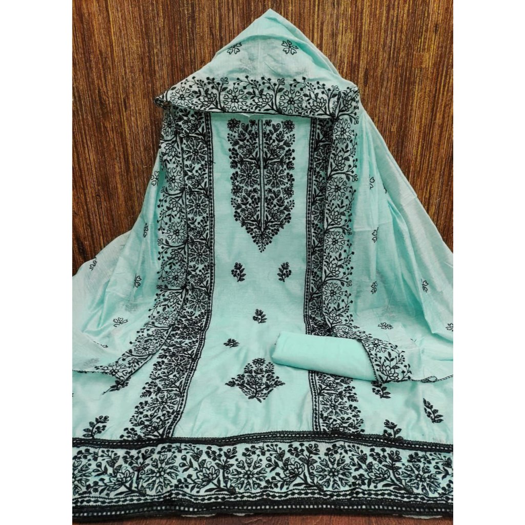 Unstitched Punjabi Suit Material Heavy Chanderi พร้อมงานปัก Kain Jahit Punjabi Suit