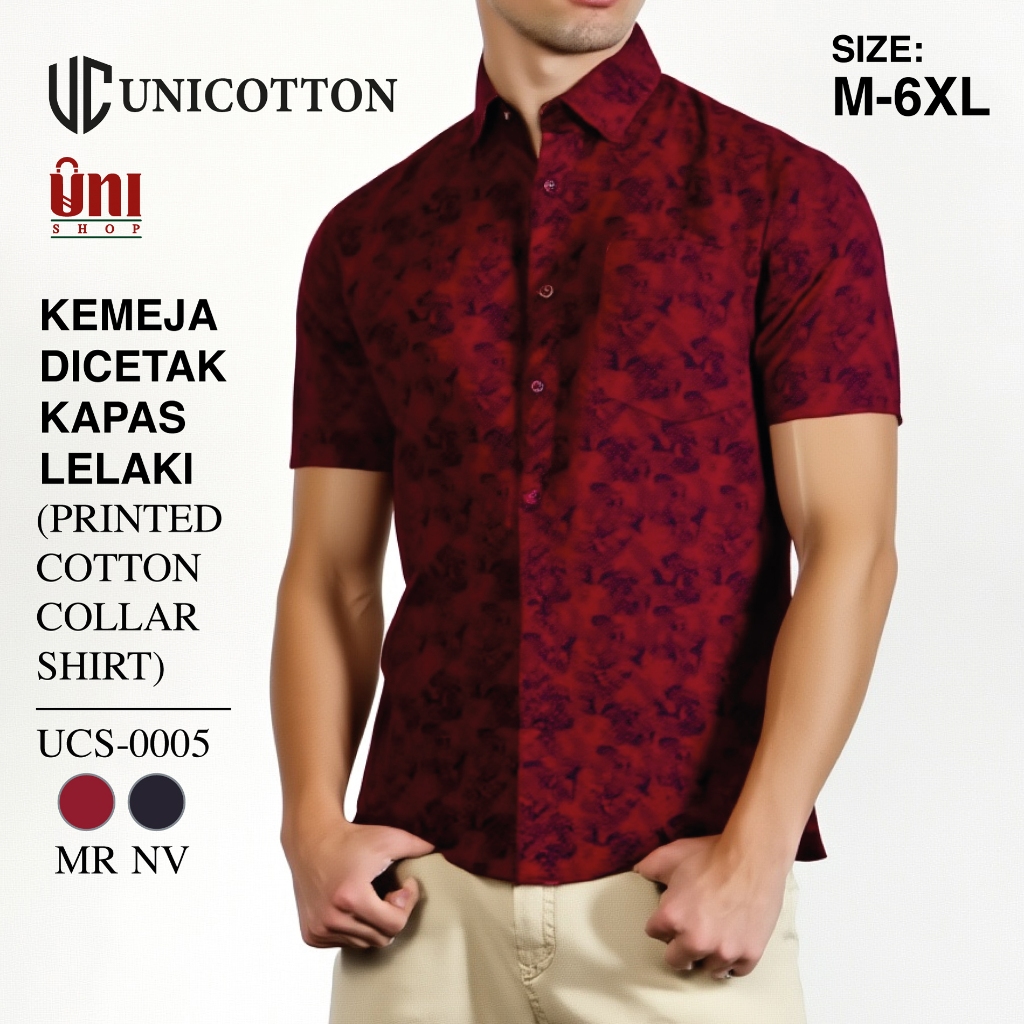 UNICOTTON KEMEJA DICETAK KAPAS LELAKI - UCS-0005 (เสื้อเชิ้ตผ้าฝ้ายคอปก) 2 สี