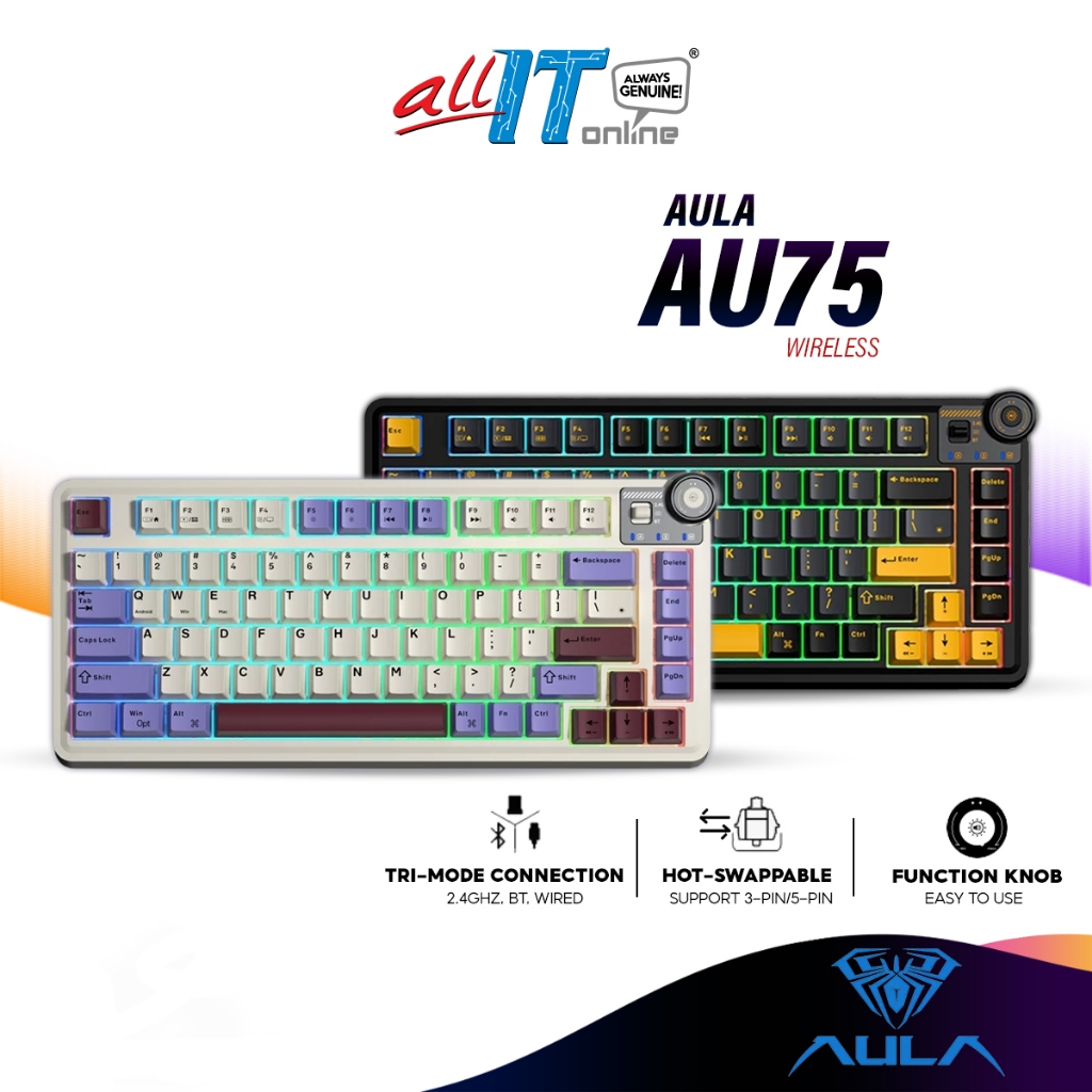 AULA AU75 คีย์บอร์ดเกมกลไร้สายพร้อมไฟ RGB, การเชื่อมต่อ Tri-Mode, โครงสร้างปะเก็น, Hot-Swappable