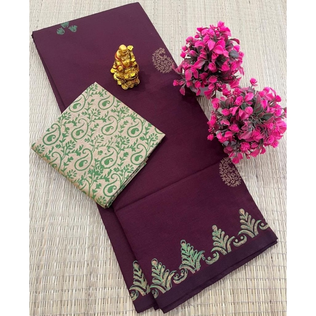 Sarees พิมพ์ลาย South Cotton Mix Block พร้อมเสื้อวิ่ง (ฟรี KALAMKARI BLOUSE)