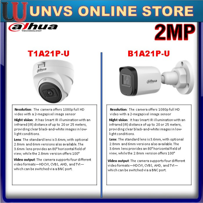 DAHUA analog กล้อง IR กลางแจ้ง 2MP 1080P HDCVI DH-HAC-T1A21P-U/B1A21P-U สําหรับกลางแจ้ง