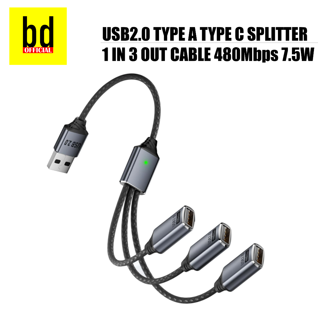 USB 2.0 Splitter Y สาย 1 ถึง 3 USB Type C Extension 26 ซม. 480Mbps 7W 5V 1A อะแดปเตอร์สําหรับรถยนต์ 