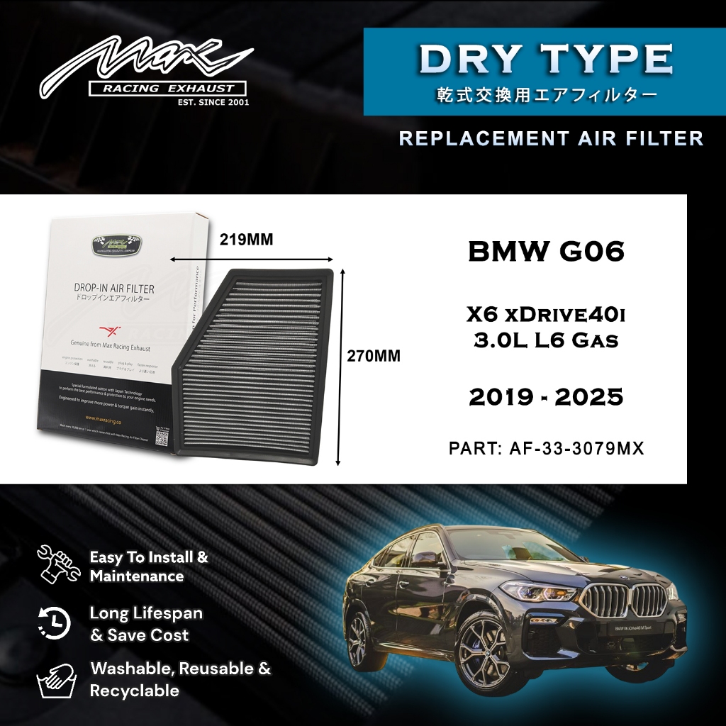 BMW G06 X6 xDrive40i 3.0L L6 แก๊ส 2019 ถึง 2025 33-3079MX Max Racing Exhaust Performance Drop-in Dry