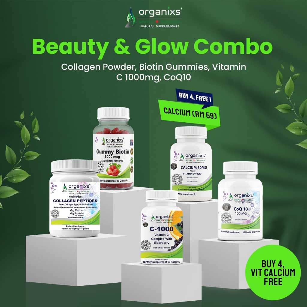 Organixs Beauty & Glow – ผงคอลลาเจน 1lb + Biotin Gummies + Vitamin C-1000mg + CoQ10 100mg