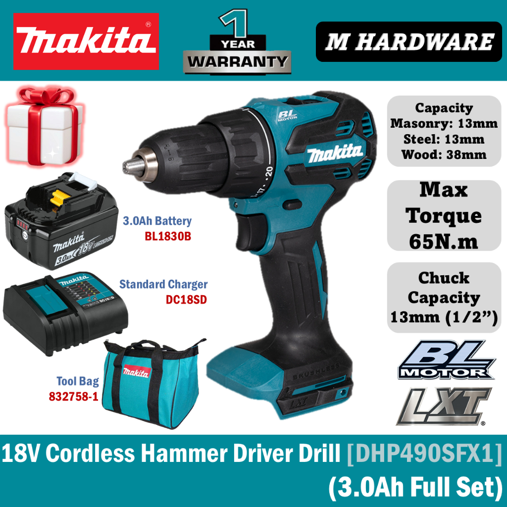 MAKITA 18V Cordless Hammer Driver Drill 13 mm (1/2") DHP490SFX1 / DHP490Z (Brushless)