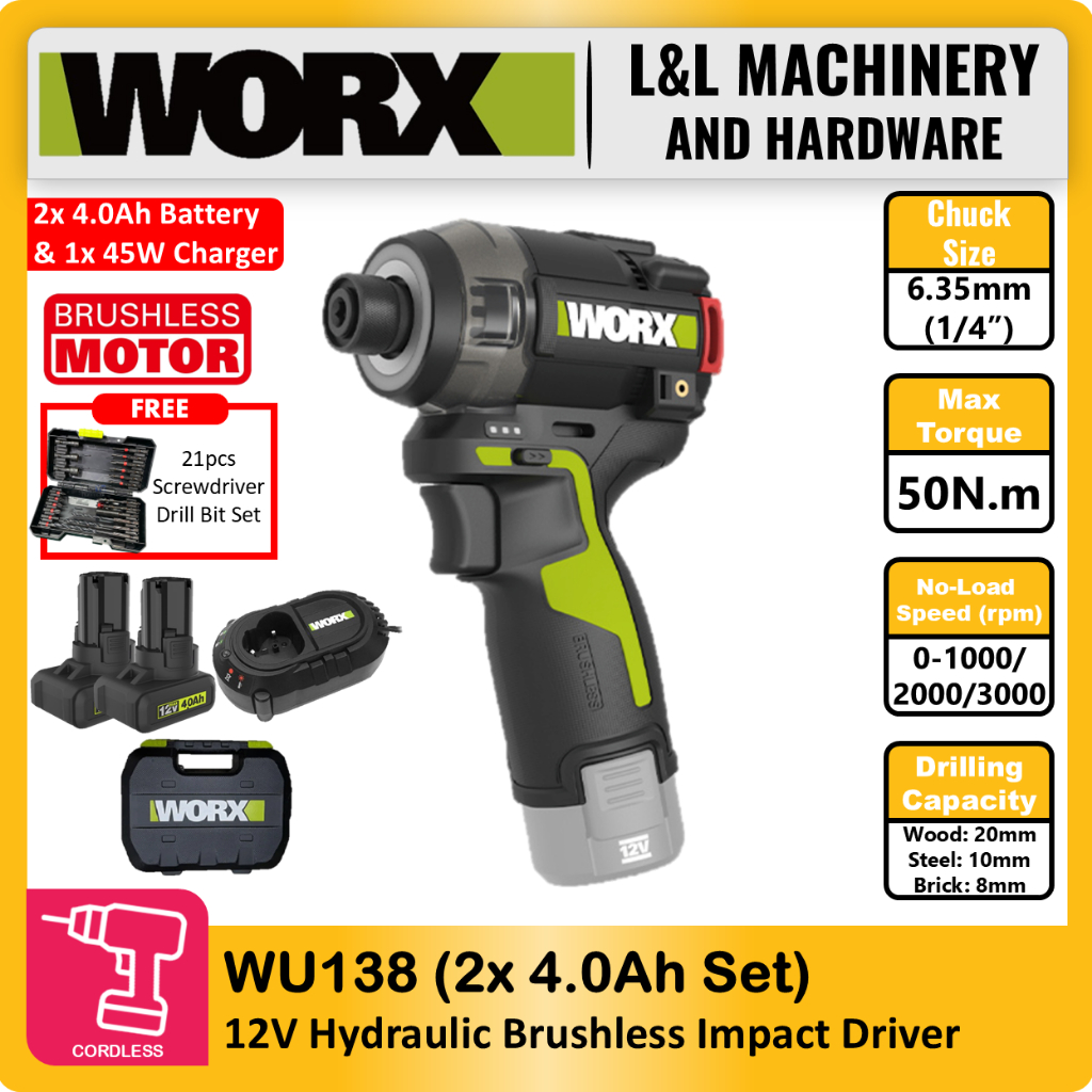 WORX WU138 12V ไดร์เวอร์กระแทกแบบไม่มีแปรงไฮดรอลิก 6.35 มม. (1/4") 50N.m