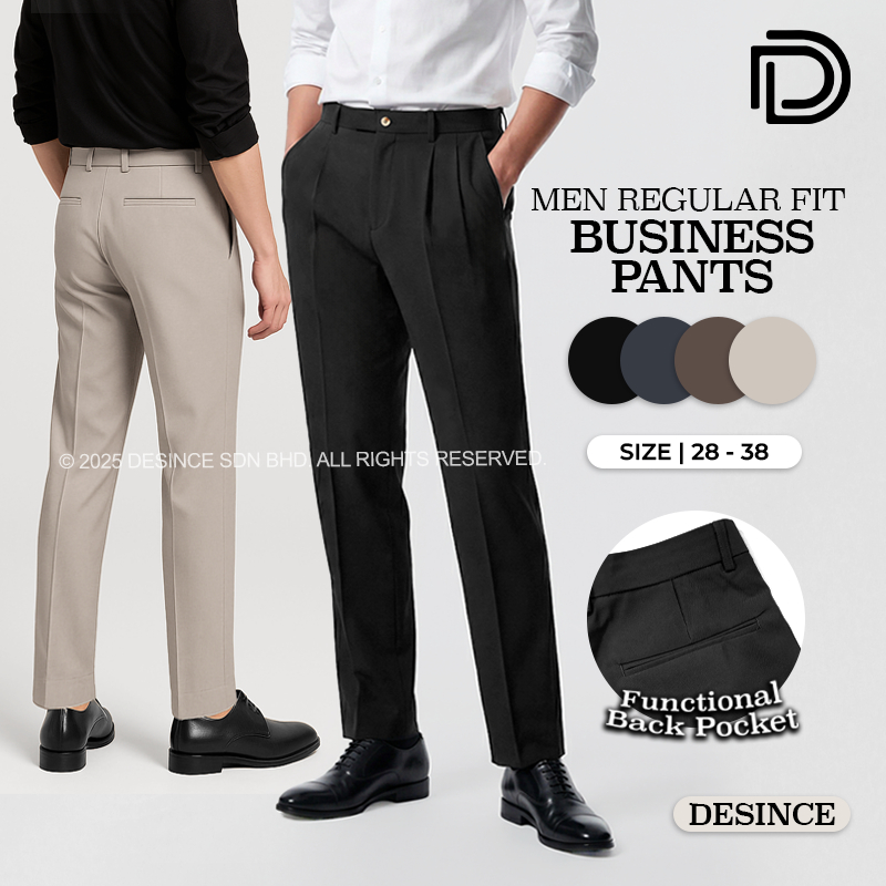 DESINCE Men Regular Fit Straight Cut Slacks Business Pants โพลีเอสเตอร์ผ้าบางสไตล์สมาร์ท Seluar Offi