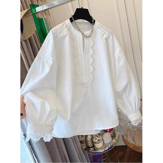 Popular French retro lace patchwork white shirt for women, unique and chic hollowed out top