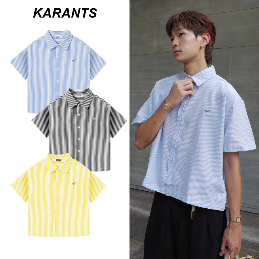 KEMEJA Karants เสื้อเชิ้ตสีพื้นโลโก้โลหะ Cropped Boxy cut ผลิตจากผ้าอ๊อกซ์ฟอร์ด - KR264