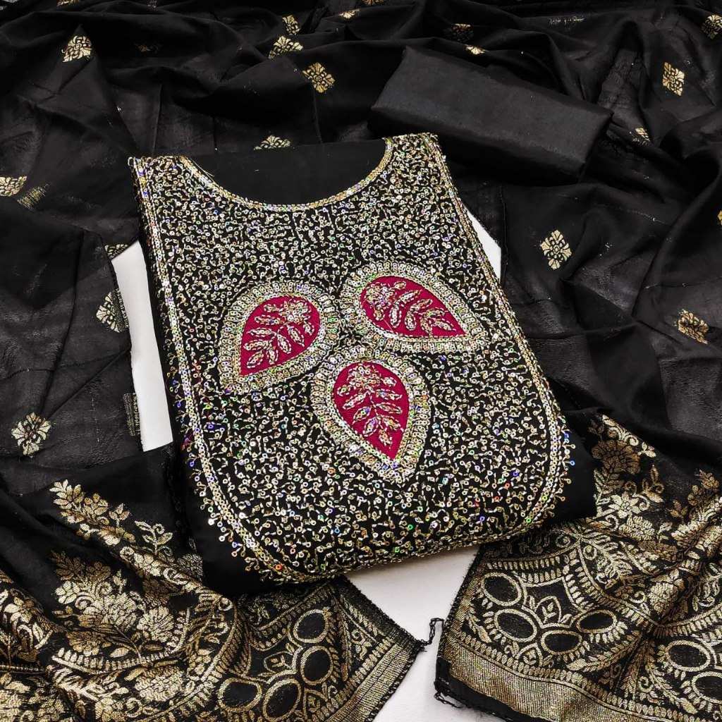 Unstitched Punjabi Suit Material Roman Silk With Sequence Work Designer Kain Jahit Punjabi Suit