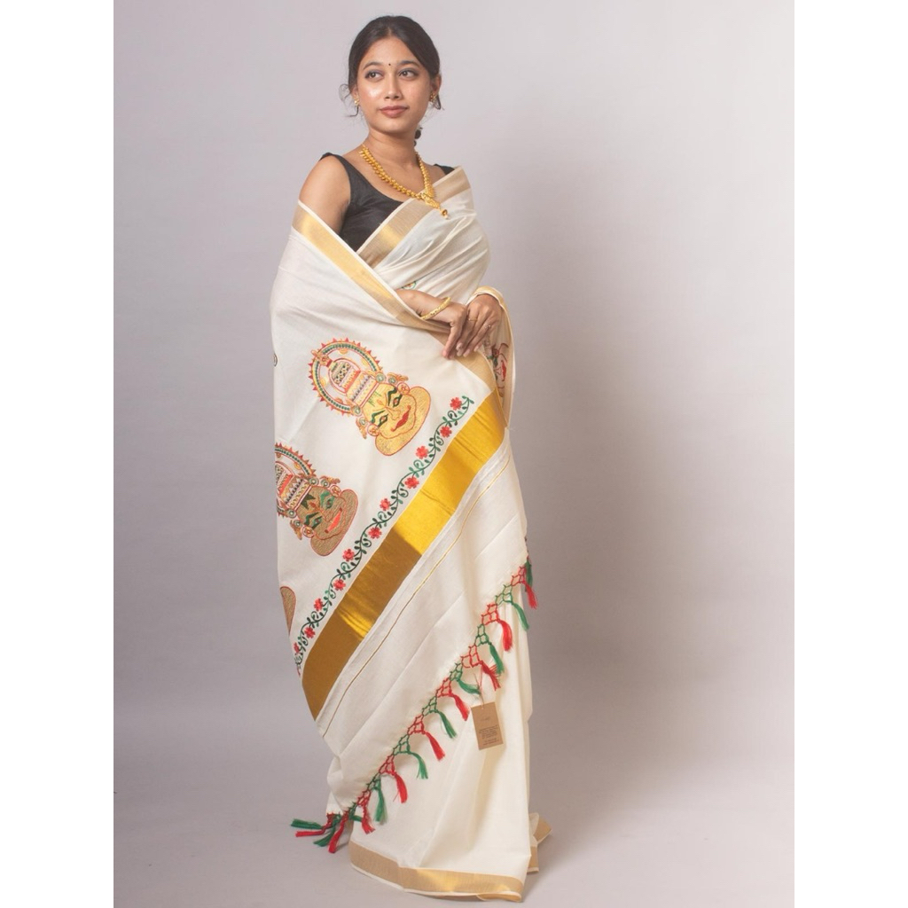 KERALA COTTON SAREE WITH EMBROIDERY COLLECTION ผ้าฝ้ายแท้สีขาว RUNNING PLAIN BLOUSE WITH BORDER