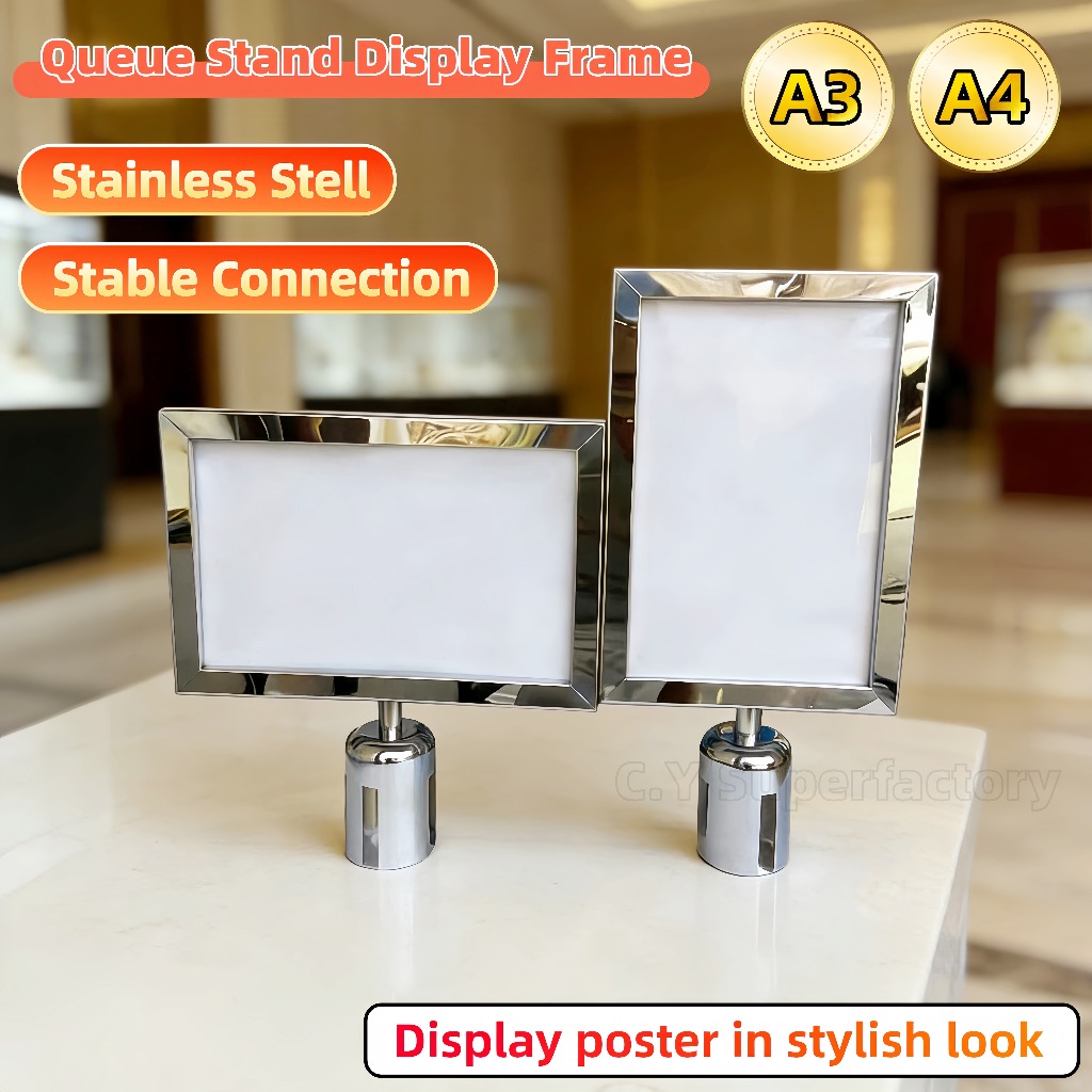 Quue Stand Signboard Display Frame A4 A3 Quue Up Pole Poster Display Board Stanchion Top Sign Frame 