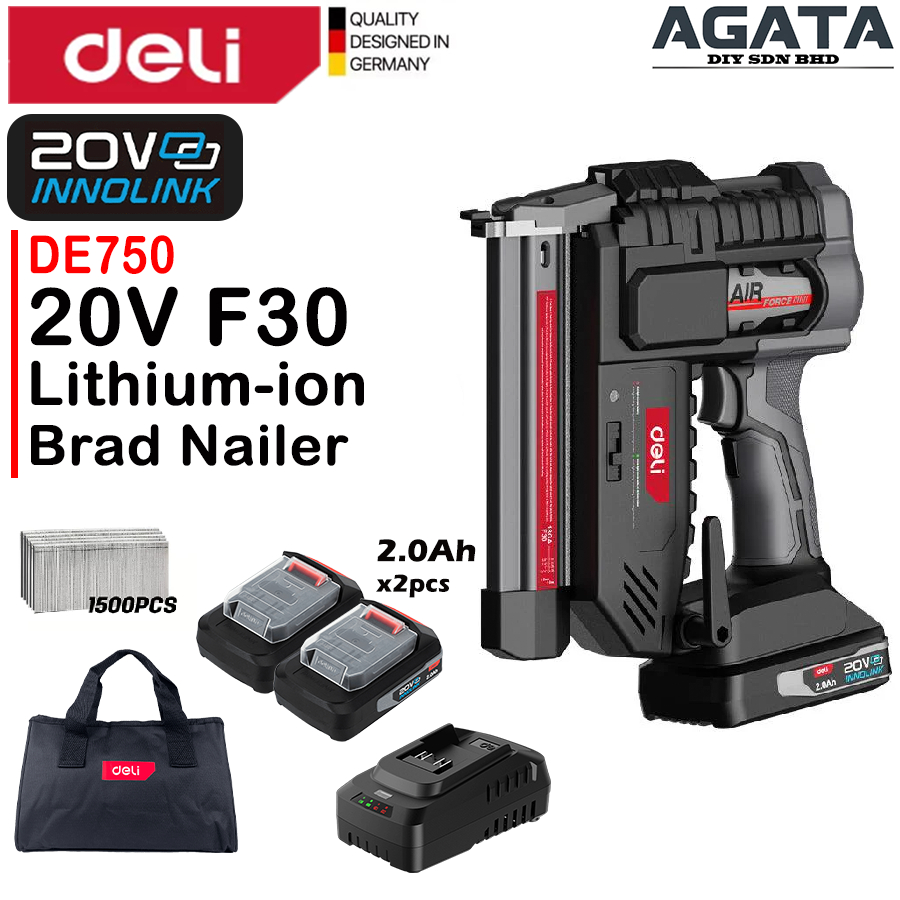 Deli Li-Ion Cordless Brad Nailer 20V ( F30 | 30มม | 18GA ) DE750 มอเตอร์ไร้แปรงถ่าน Brad Nailer