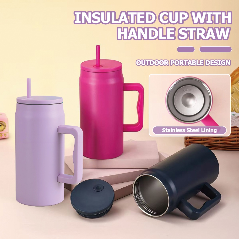 Thermos Cup สแตนเลสแบบใช้ซ้ําได้ 1500ml 50oz ถ้วยรถโมเดิร์นฝาปิดฟาง Handle Tumbler Simple