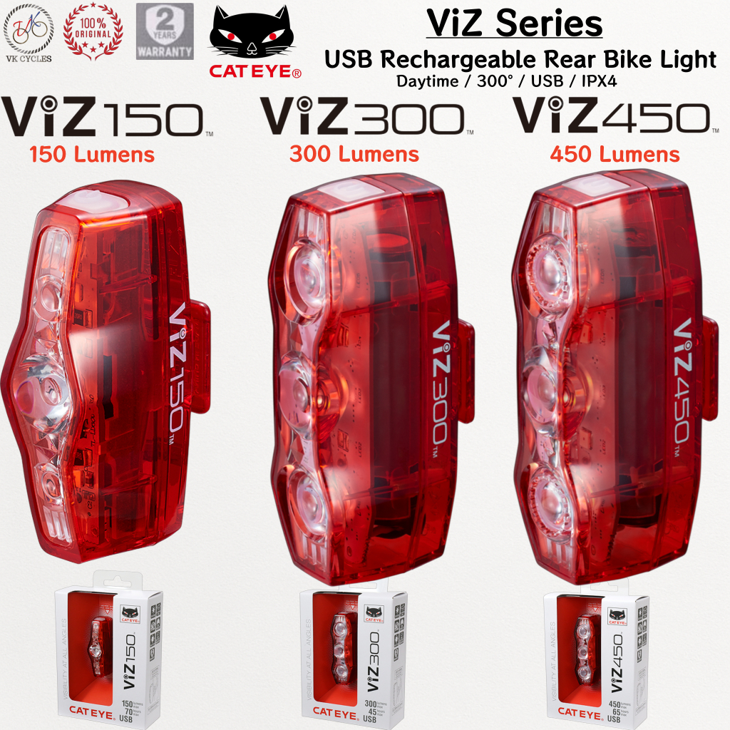 CATEYE ViZ Series ไฟจักรยานด้านหลัง ViZ150 / ViZ300 / ViZ450 USB ชาร์จกลางวันความปลอดภัยขี่จักรยาน L