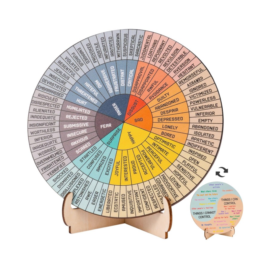 Emotion Wheel Therapy Chart โต๊ะสองด้านไม้สุขภาพจิต Carta Roda Emosi Terapi