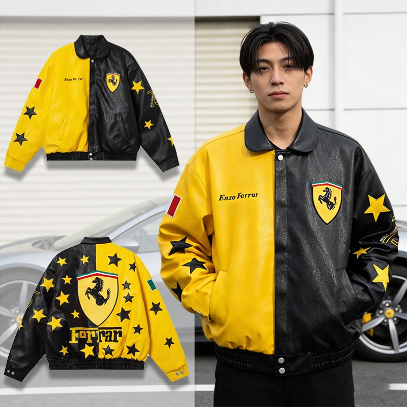 F1 Ferrari Racing Jacket ขี่รถจักรยานยนต์หนัง Jaket ผู้ชายเย็บปักถักร้อย Windbreaker Jeket