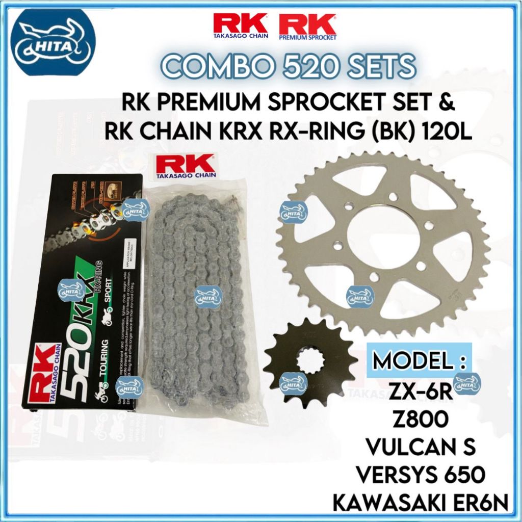 Z800 VULCAN S ZX6R VERSYS 650 ER6N (ALL 3IN1 RK) RK SPROCKET SET 520 RK CHAIN ORDING (520 KRX) BLACK