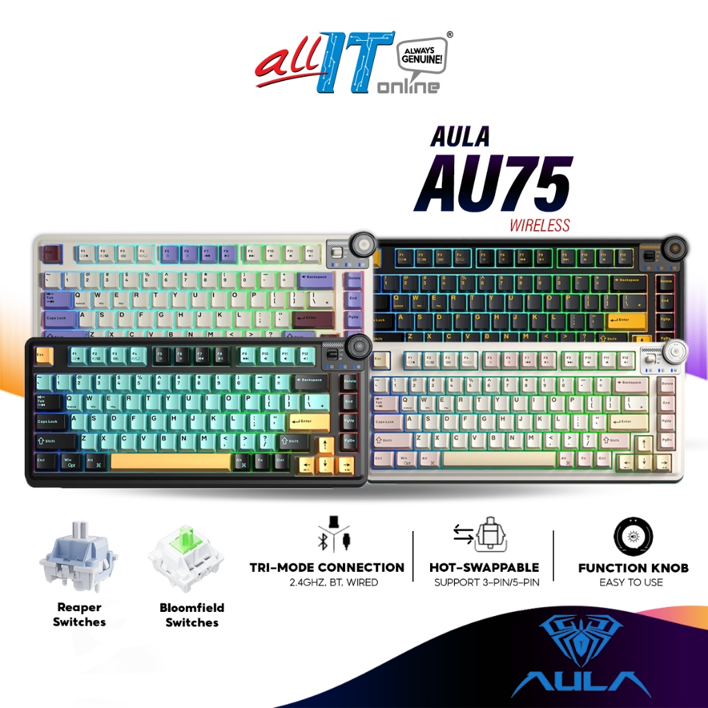 AULA AU75 คีย์บอร์ดเกมกลไร้สายพร้อมไฟ RGB, การเชื่อมต่อ Tri-Mode, โครงสร้างปะเก็น, Hot-Swappable