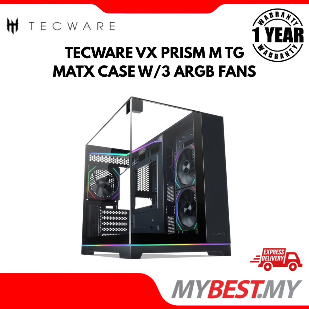 TECWARE VX PRISM M TG MATX CASE พร้อมพัดลม ARGB/3 - สีดํา
