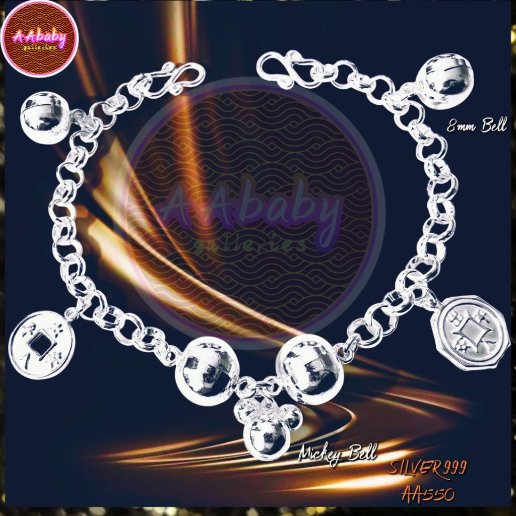 AAbaby Galleries AA550 Baby S999 สร้อยข้อมือสร้อยข้อเท้าเงิน Mickey Bell วันจําเป็น AA550 Baby S999 