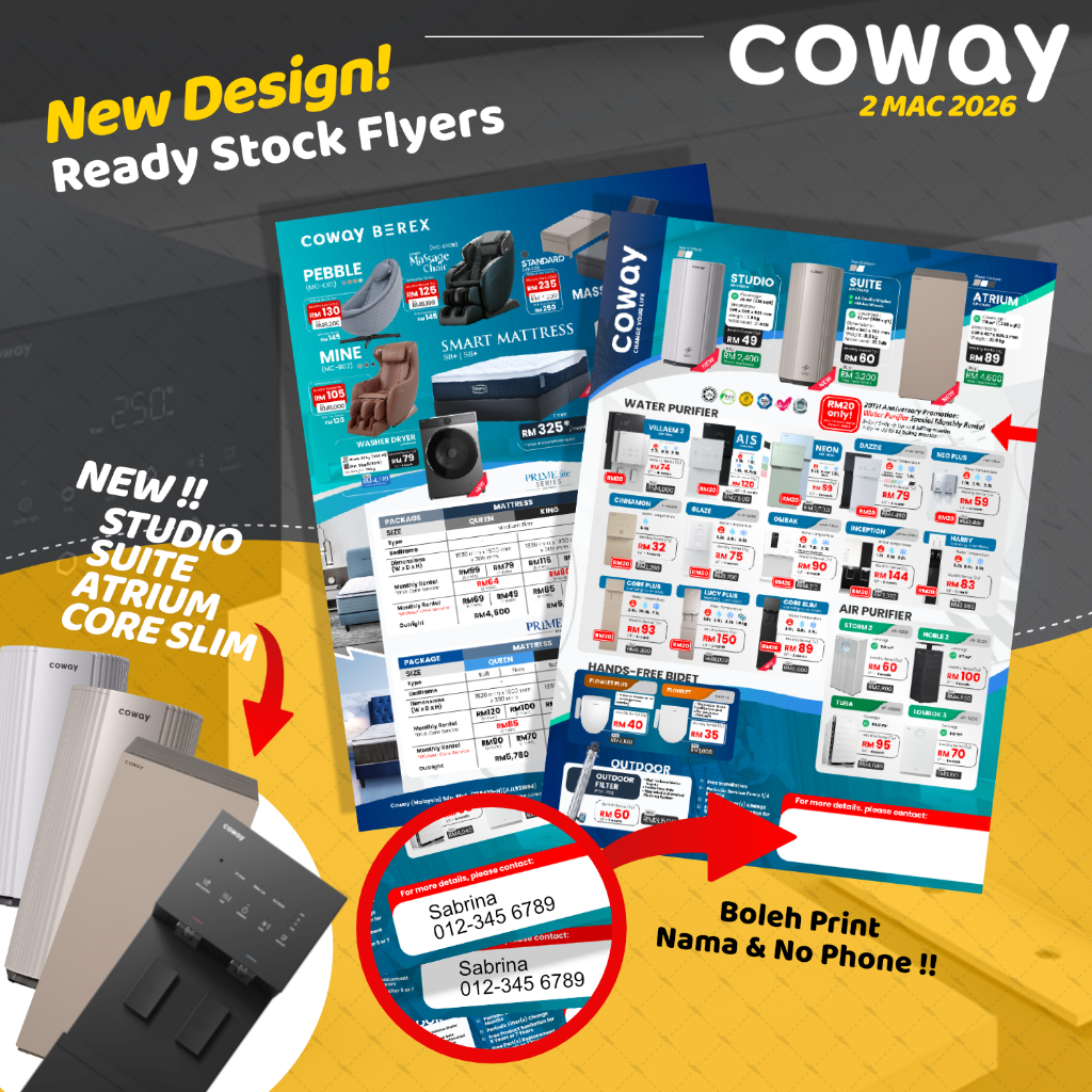 Flyers Coway - A5 50 ชิ้น (ดีไซน์ล่าสุด + CORE SLIM, STUDIO, SUITE, ATRIUM) Kertas Licin - 1/3/2026