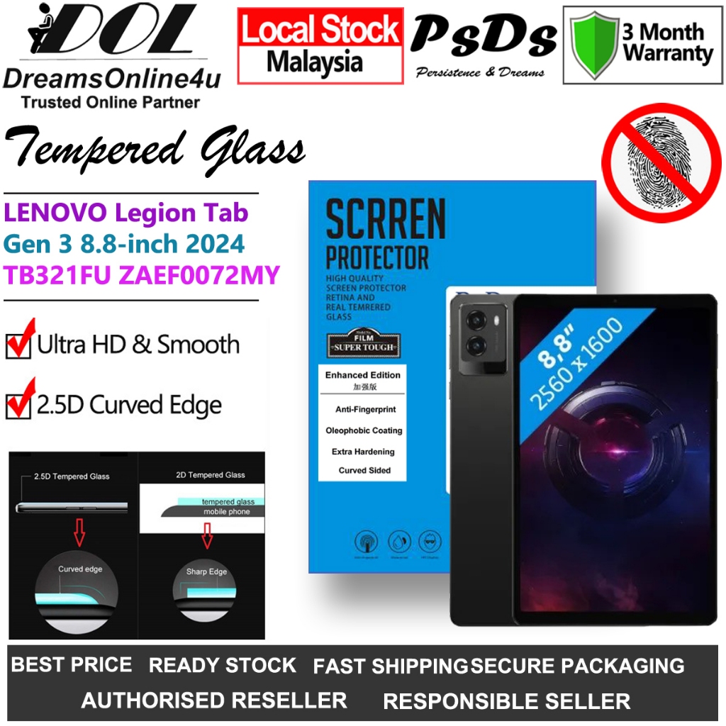 PsDs Lenovo Legion Tab Gen 3 8.8 นิ้ว 2024 TB321FU 2.5D Curve 9H ป้องกันลายนิ้วมือกระจกนิรภัยป้องกัน