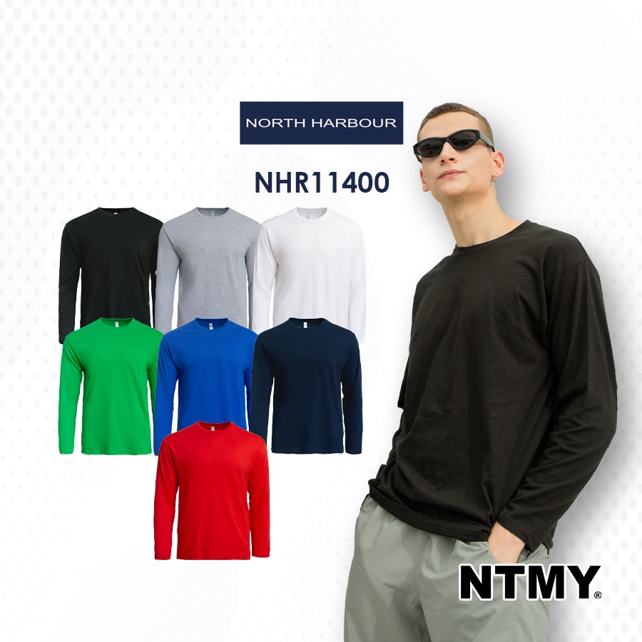 North Harbour NHR11400 ผ้าฝ้าย 100% 160 GSM Unisex ผู้ใหญ่ลูกเรือคอแขนยาวเสื้อยืด NTMY.os