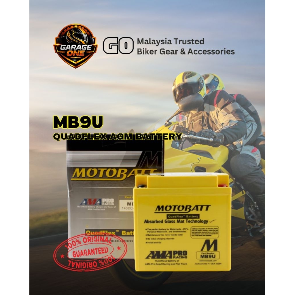 Motobatt MB9U QuadFlex แบตเตอรี่รถจักรยานยนต์ 12V 11Ah 165CCA AGM การบํารุงรักษาฟรี | เปลี่ยน 12N7A 