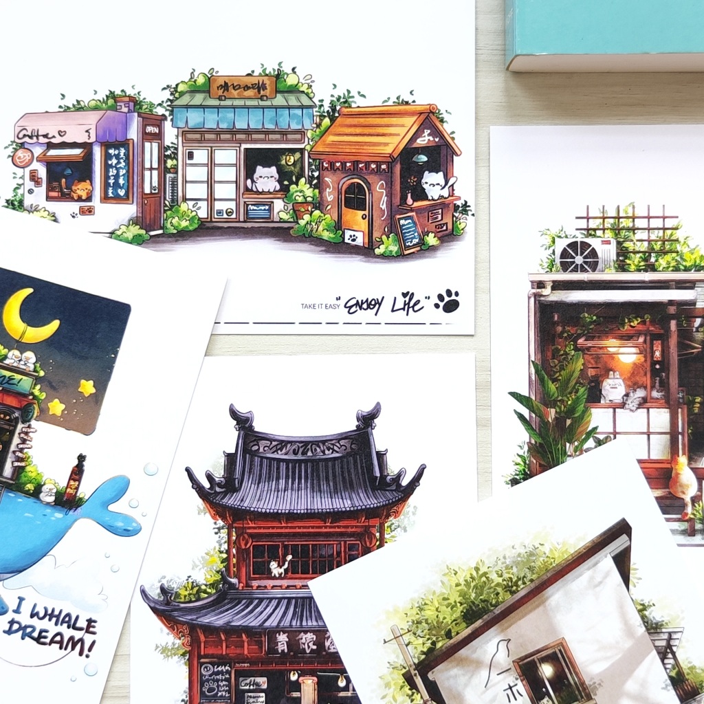 Coffee House Cafe Shop Whale Dream Store Store ภาพประกอบด้านหน้าสถาปัตยกรรมที่สวยงาม A6 พิมพ์ศิลปะโป