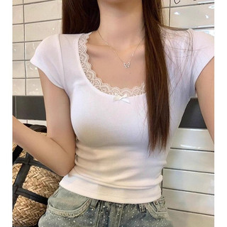 ✨【READY STOCK】Bella Women's lace round neck plain short-sleeved T-shirt Y2K slim-fit crop top