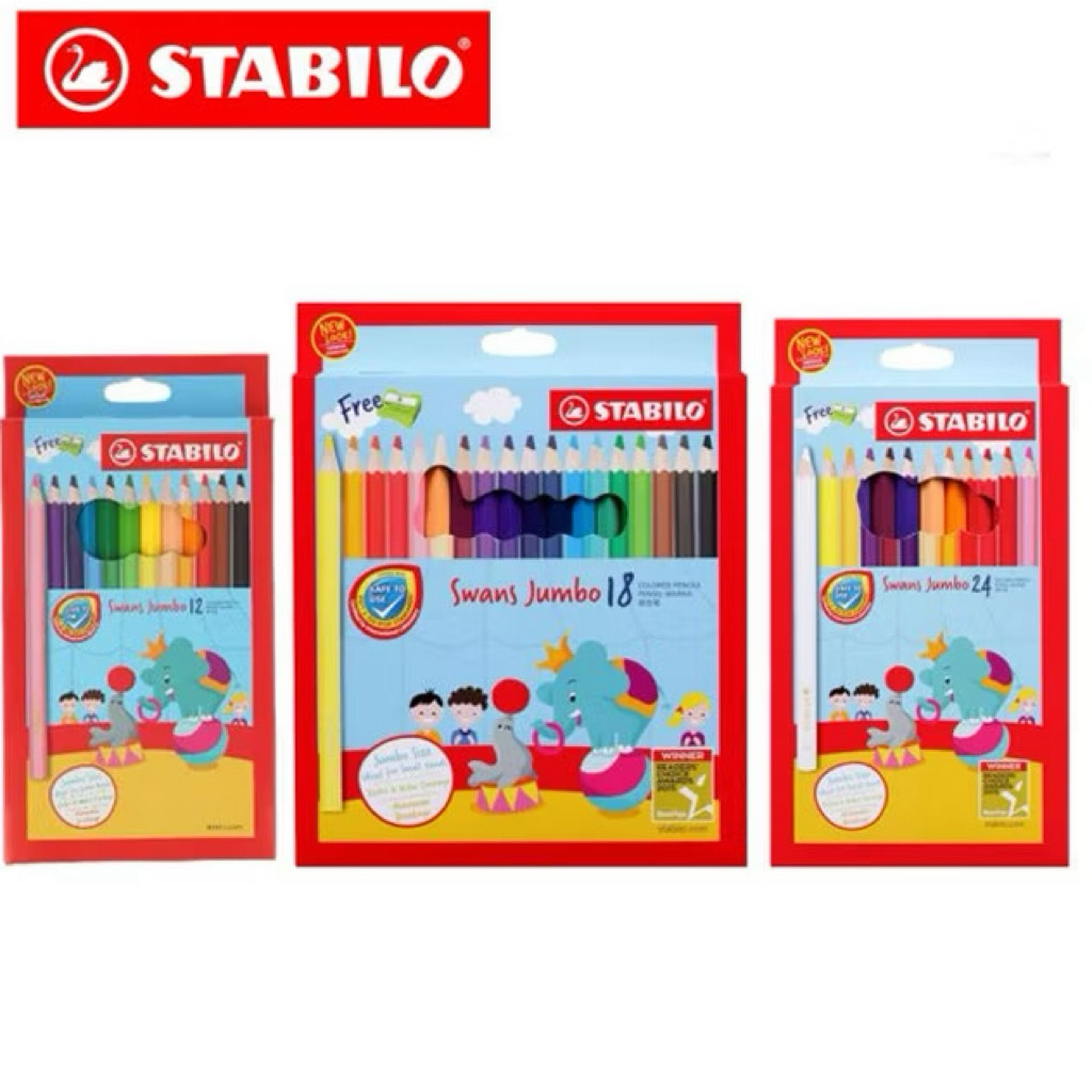STABILO Swans ดินสอสีจัมโบ้ 12/18/24 สี หนาพิเศษ 5 มม. ตะกั่วเพนซิลสี Jumbo Free Sharpener