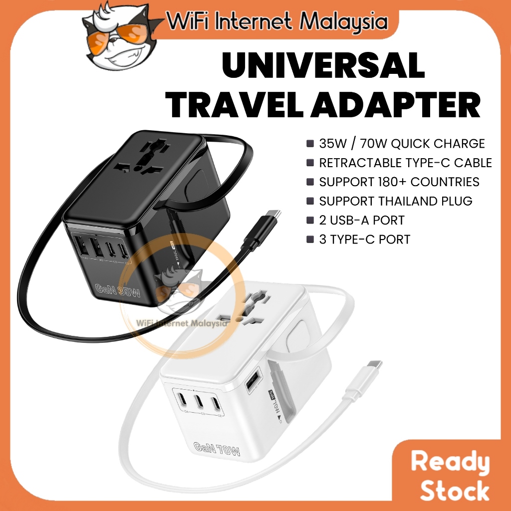 Universal Travel Adapter Pendecas Antarabangsa Power 35W 70W Kabel Boleh Tarik 70 ซม. Fast Charger Q