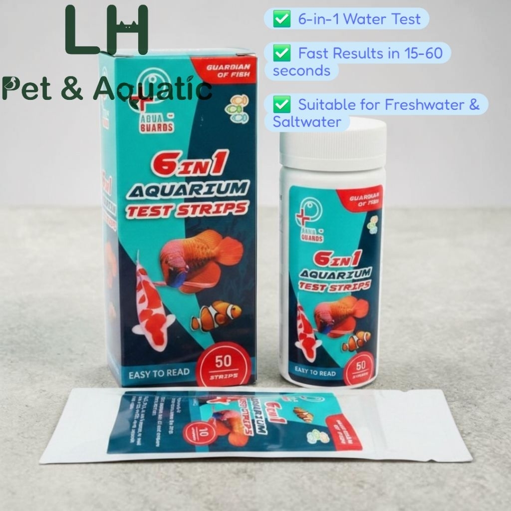 Aqua Guards 6 in 1 Aquarium Test Strips 50pcs Fish Tank Water Test Kit pH NO2 NO3 GH KH Cl2