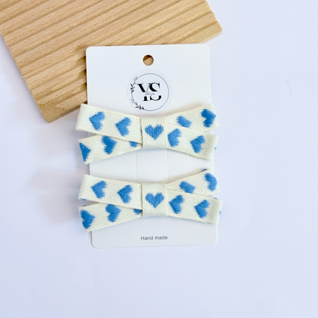 School Girl Bow Ever Yours Devotion Blue Heart Love Handmade Cotton Hair Bow ที่คาดผมเด็ก YikiSam