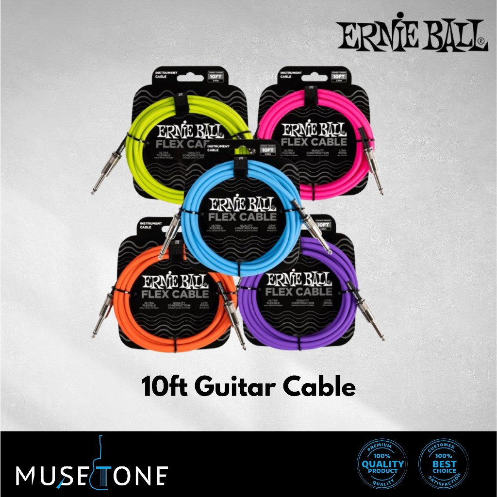 Ernie Ball Flex 10ft Instrument Cable สําหรับกีตาร์,เบสกีต้าร์สีสันสดใสสายกีต้าร์ SL หรือ SS Head