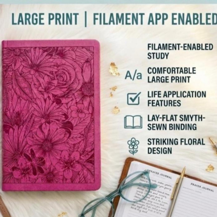 NLT Bible พิมพ์ขนาดใหญ่ค่าพรีเมี่ยม Thinline Bible, Filament Enabled (LeatherLike, Garden Pink) เลีย