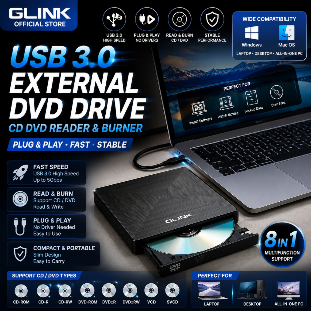 GLINK USB External DVD Drive Plug & Play CD DVD Writer สําหรับแล็ปท็อปพีซี