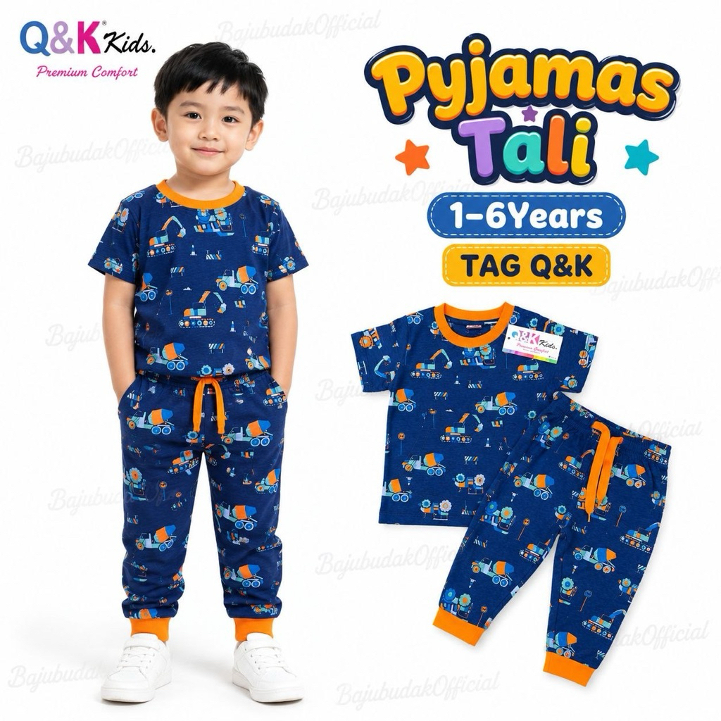 1Y-6Y ️Q&K ️BLUE.EXCAVATOR ️ KANGAROO POCKET COTTON PAJAMAS BOY SHORT SLEEVE ADJUSTABLE LONG PANT
