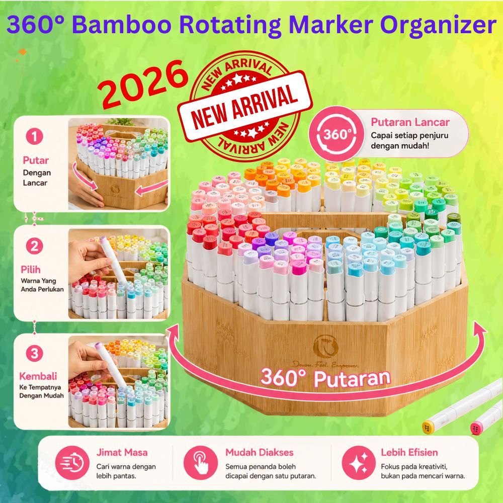 2026 เปิดตัวใหม่! Ohu Bamboo Organizer 360 หมุนผู้ถือปากกา Storage Rack (NO MARKER INCLUDED)