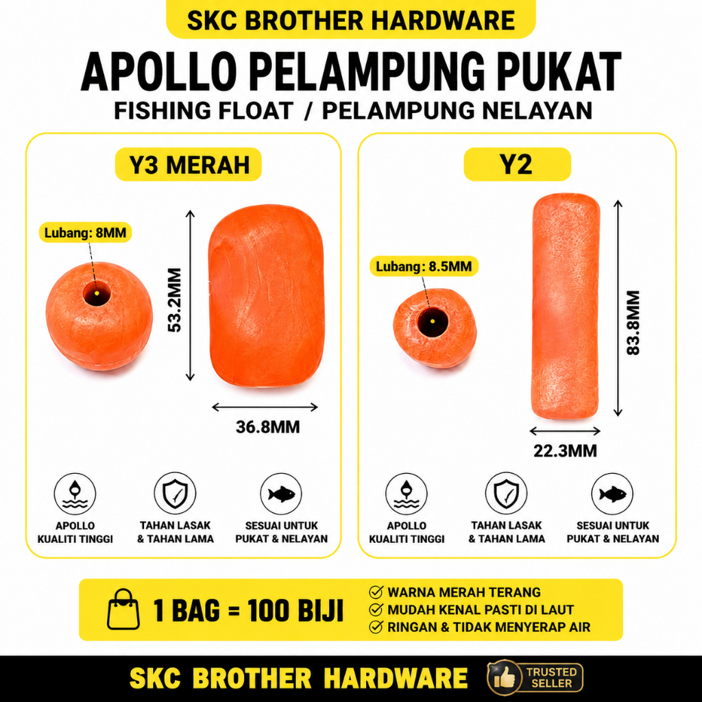 [50/100 ชิ้น] Apollo Fish Trawl Float (LH) Y2 Y3 Y8 Fishing Float / Sea Float / Fishermans Float