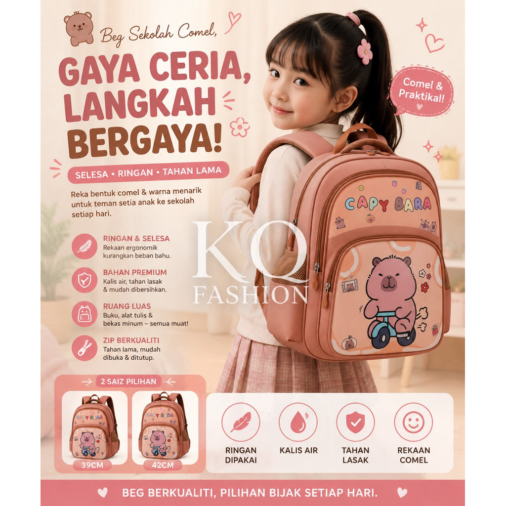CAPYBARA 39CMCP18 Capybara Beg Japan Fashion Beg Sekolah Capybara Beg Belakang galas Backpack Bagpac