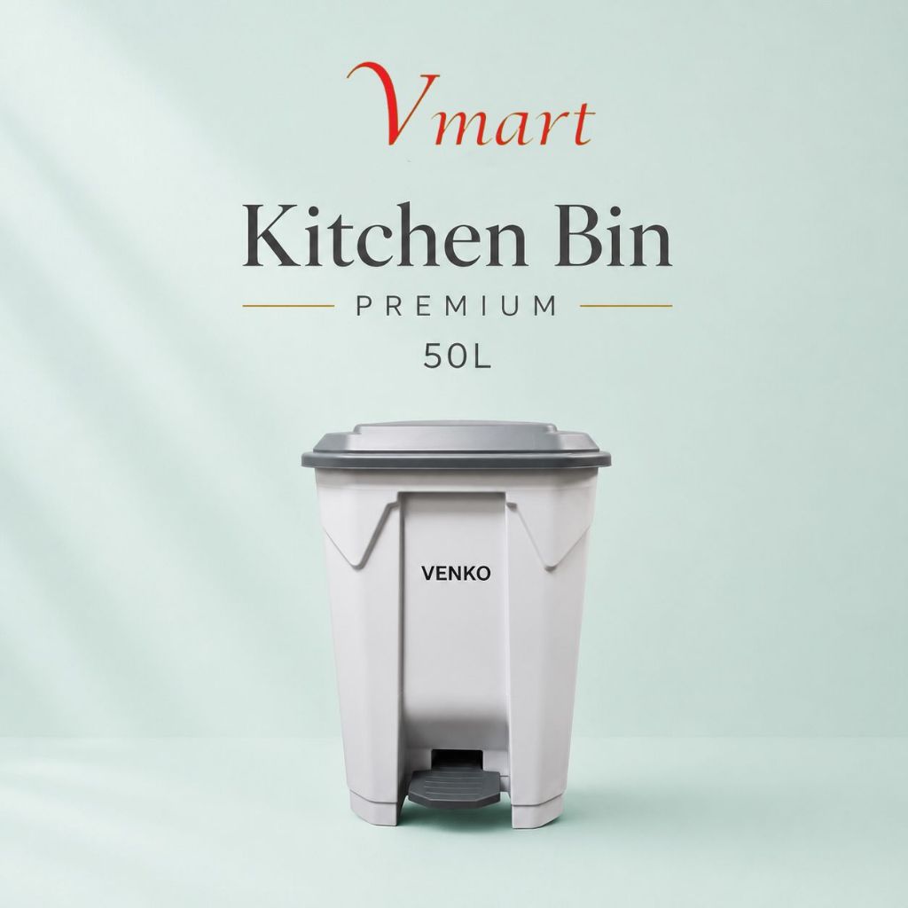 [50L] Venko Premium Kitchen Bin / Venko Tong Sampah Dapur / ถังสีเทาและขาว