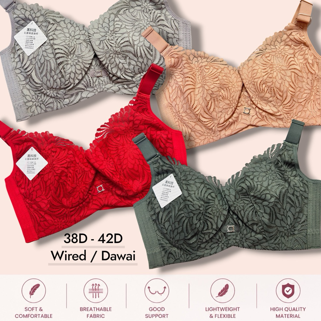 38D-42D Dawai Lembut Bra 4 Hook Tali Lebar Soft Wired Plus Size Bra Cotton Span Nipis Kualiti Premiu